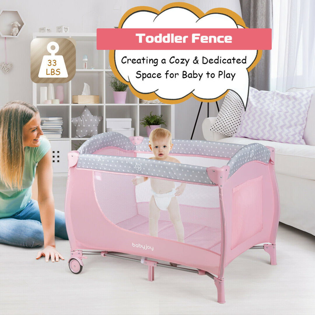Foldable Baby Playard Portable Playpen Nursery Center w/ Changing Station Pink Image 4
