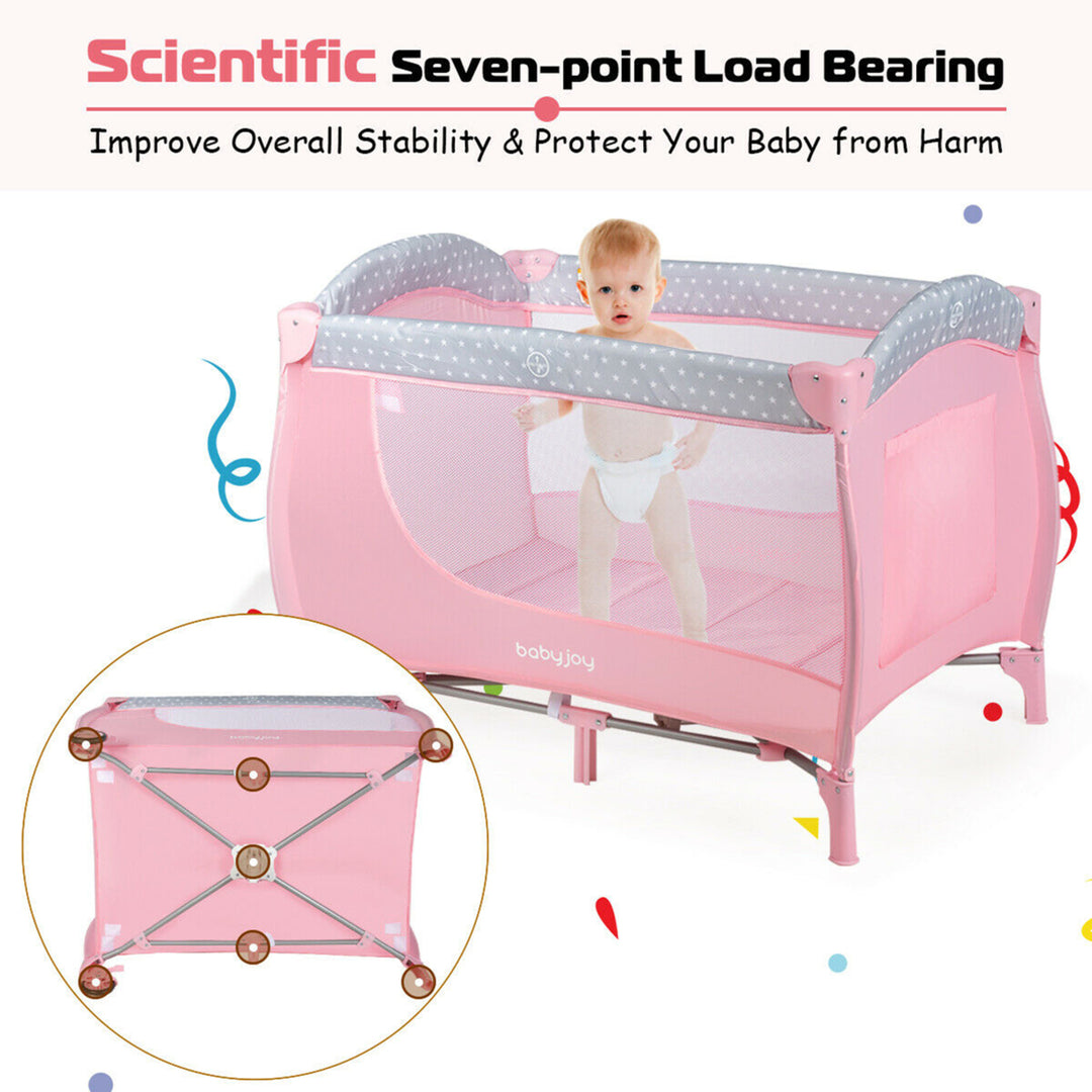 Foldable Baby Playard Portable Playpen Nursery Center w/ Changing Station Pink Image 4