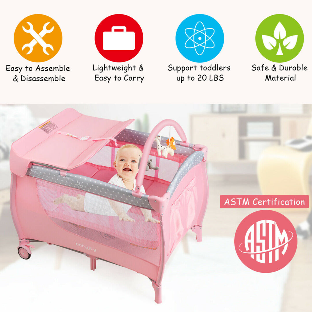 Foldable Baby Playard Portable Playpen Nursery Center w/ Changing Station Pink Image 6