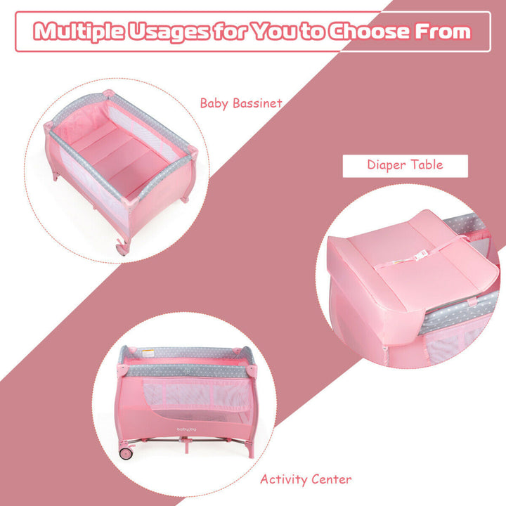 Foldable Baby Playard Portable Playpen Nursery Center w/ Changing Station Pink Image 7