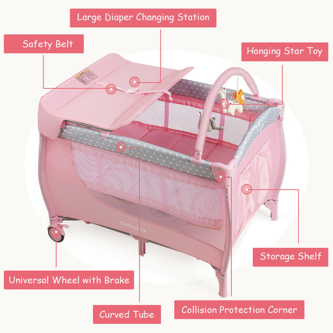 Foldable Baby Playard Portable Playpen Nursery Center w/ Changing Station Pink Image 9