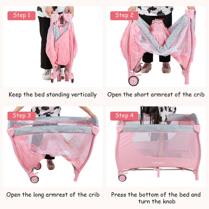 Foldable Baby Playard Portable Playpen Nursery Center w/ Changing Station Pink Image 10