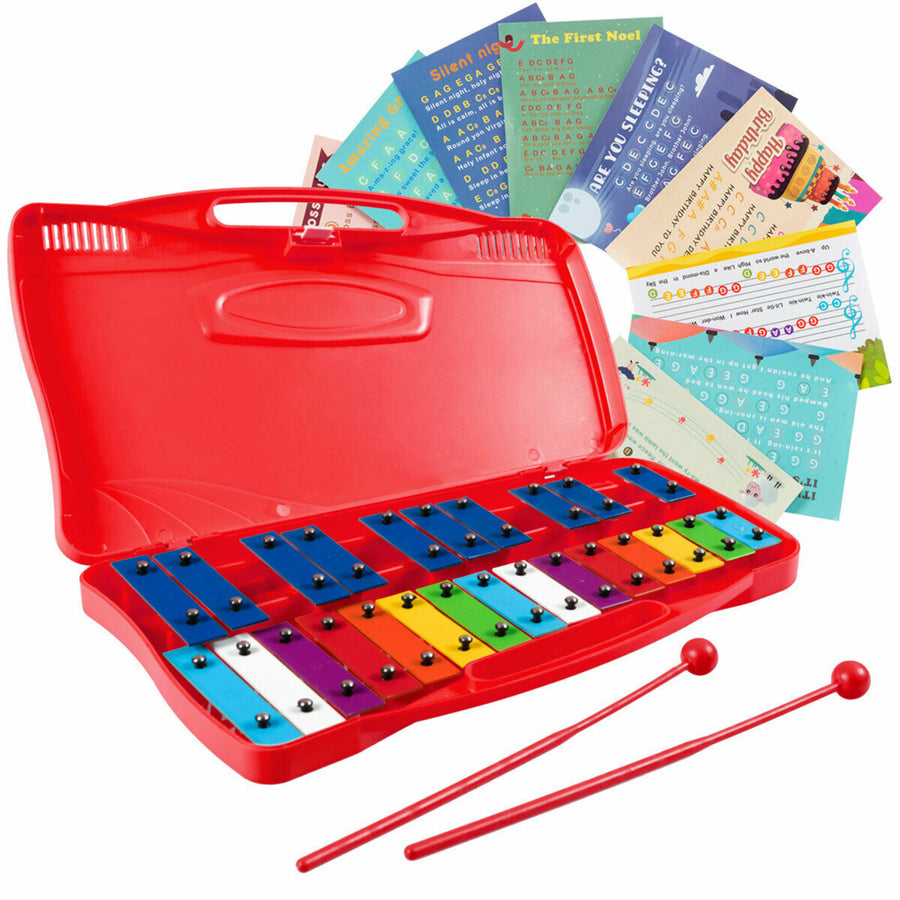 25 Notes Kids Glockenspiel Chromatic Metal Xylophone w/ Red Case and 2 Mallets Image 1