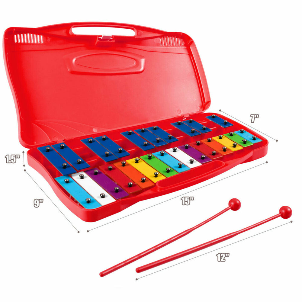 25 Notes Kids Glockenspiel Chromatic Metal Xylophone w/ Red Case and 2 Mallets Image 2