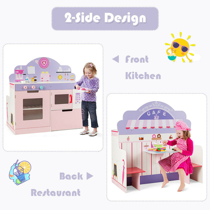 2 in 1 Kids Play Kitchen and Cafe Restaurant Wooden Pretend Cooking Playset Toy Image 6