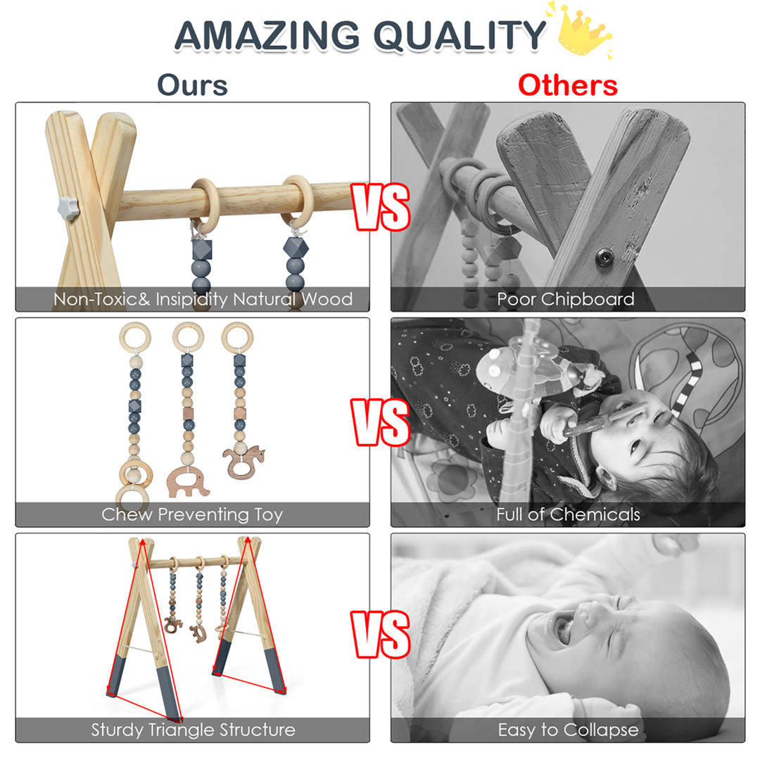 Foldable Wooden Baby Gym with 3 Wooden Baby Teething Toys Hanging Bar Gray Image 6