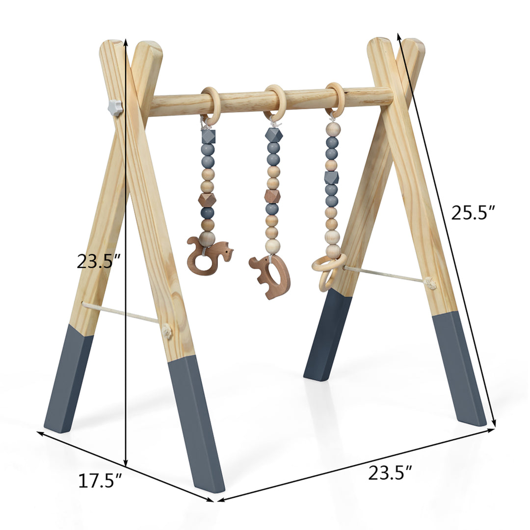 Foldable Wooden Baby Gym with 3 Wooden Baby Teething Toys Hanging Bar Gray Image 9