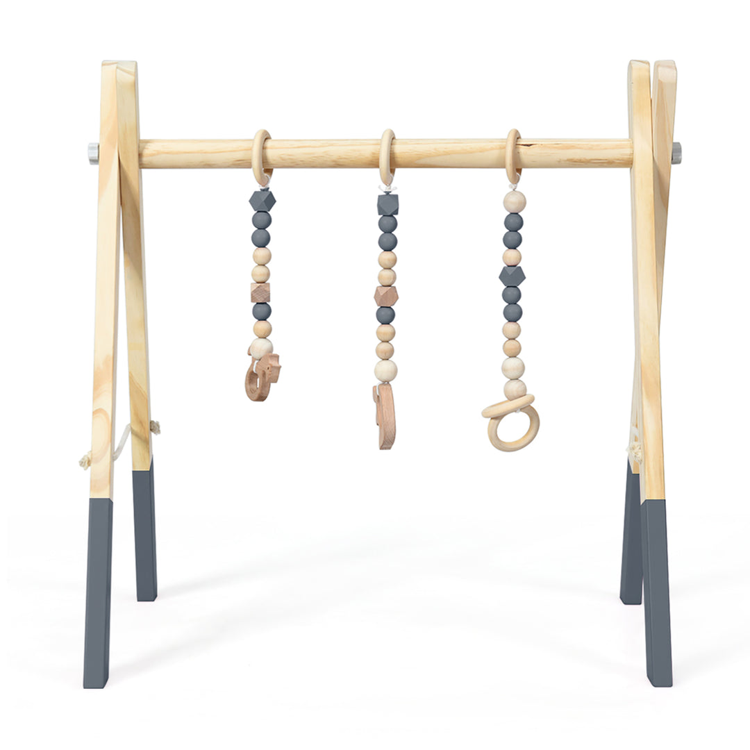 Foldable Wooden Baby Gym with 3 Wooden Baby Teething Toys Hanging Bar Gray Image 10