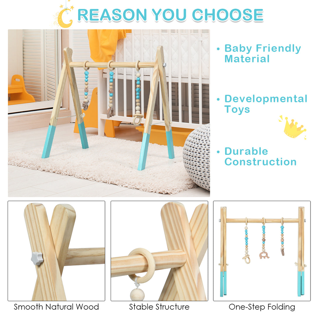 Foldable Wooden Baby Gym with 3 Wooden Baby Teething Toys Hanging Bar Green Image 6