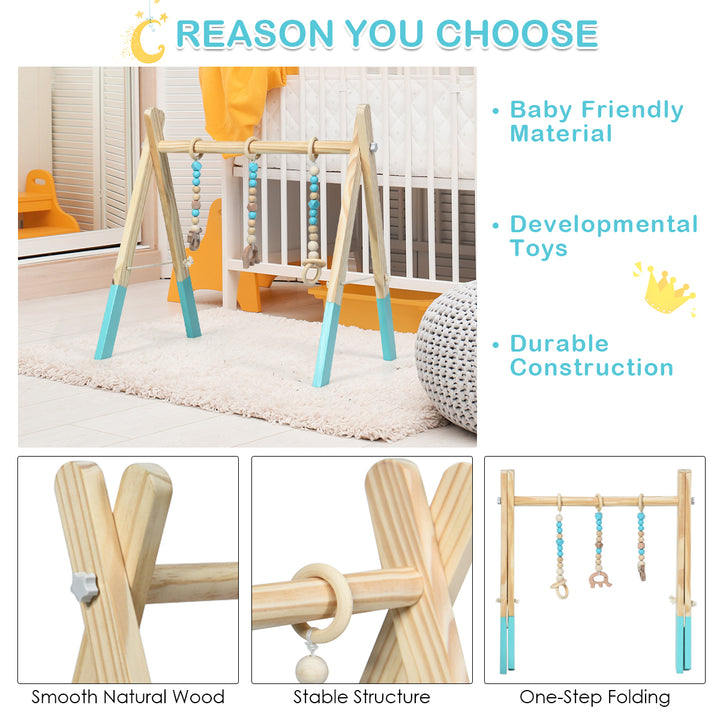 Foldable Wooden Baby Gym with 3 Wooden Baby Teething Toys Hanging Bar Green Image 6