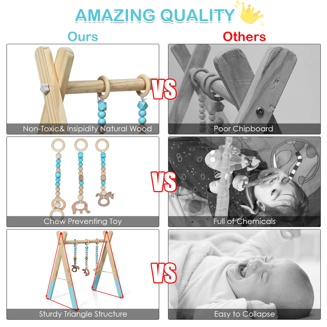 Foldable Wooden Baby Gym with 3 Wooden Baby Teething Toys Hanging Bar Green Image 8