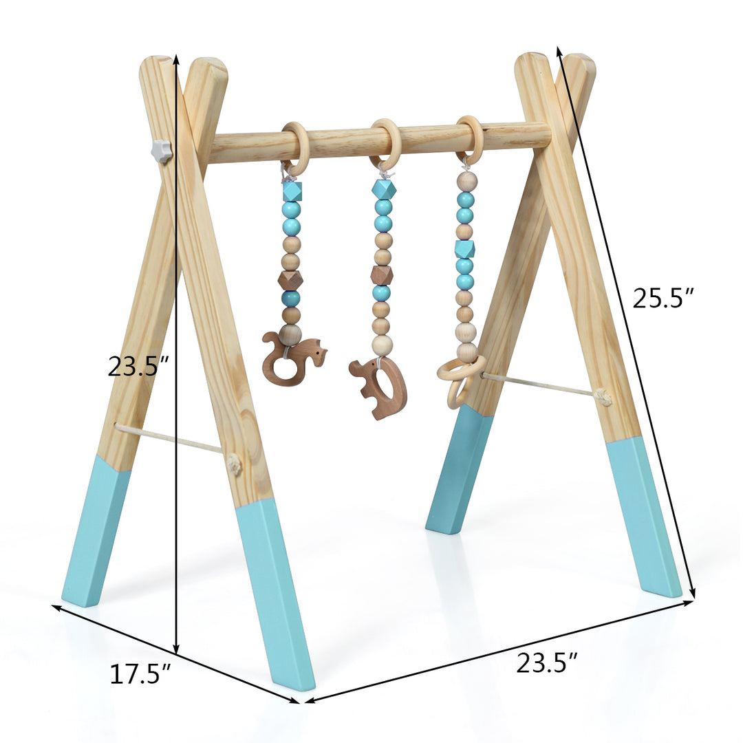 Foldable Wooden Baby Gym with 3 Wooden Baby Teething Toys Hanging Bar Green Image 9