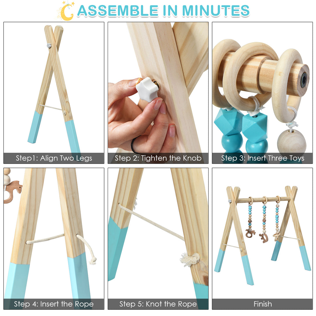 Foldable Wooden Baby Gym with 3 Wooden Baby Teething Toys Hanging Bar Green Image 10