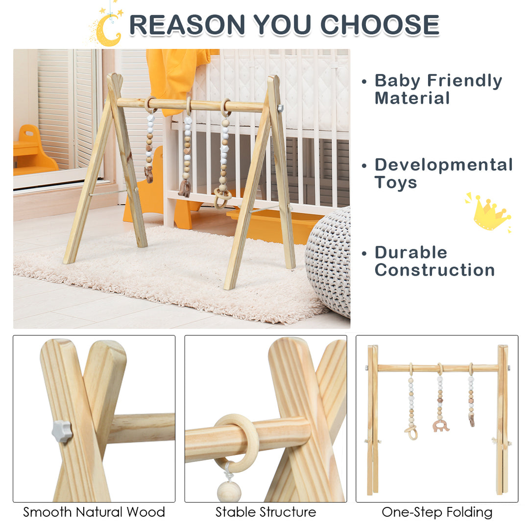 Foldable Wooden Baby Gym with 3 Wooden Baby Teething Toys Hanging Bar Natural Image 6