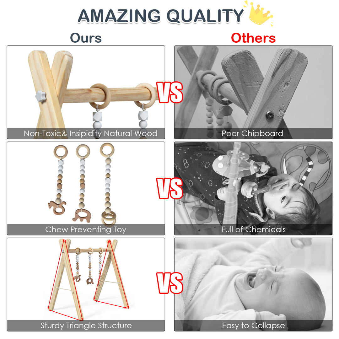 Foldable Wooden Baby Gym with 3 Wooden Baby Teething Toys Hanging Bar Natural Image 8