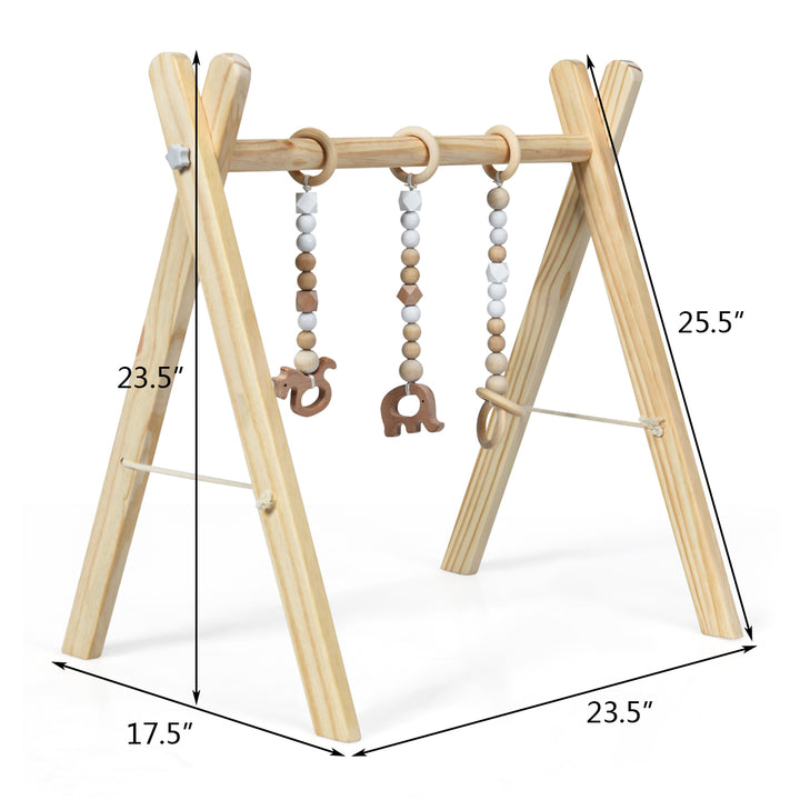 Foldable Wooden Baby Gym with 3 Wooden Baby Teething Toys Hanging Bar Natural Image 9