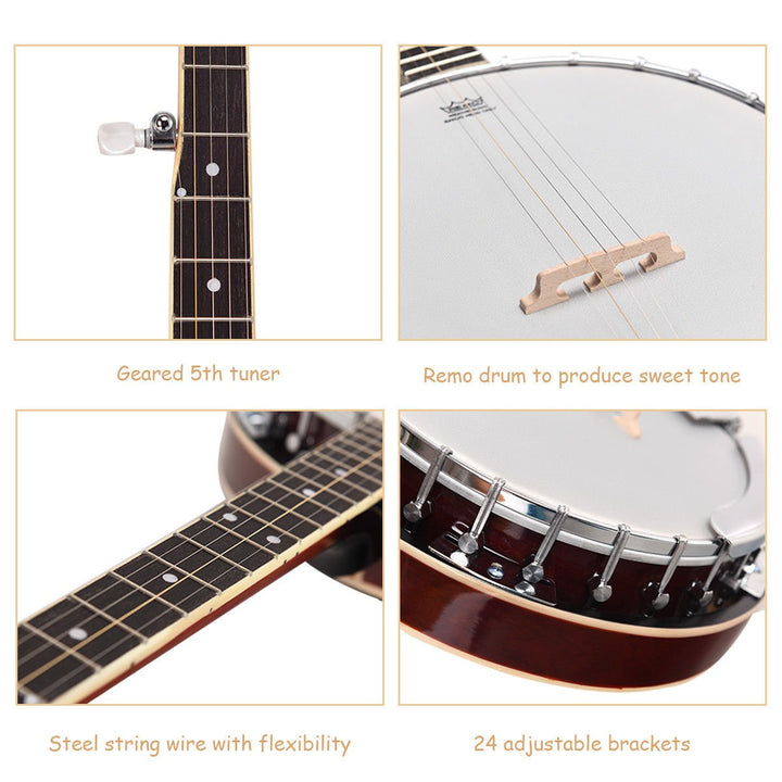 Sonart 5 String Geared Tunable Banjo 24 Brackets Closed Back Remo Head w/ Case Image 7