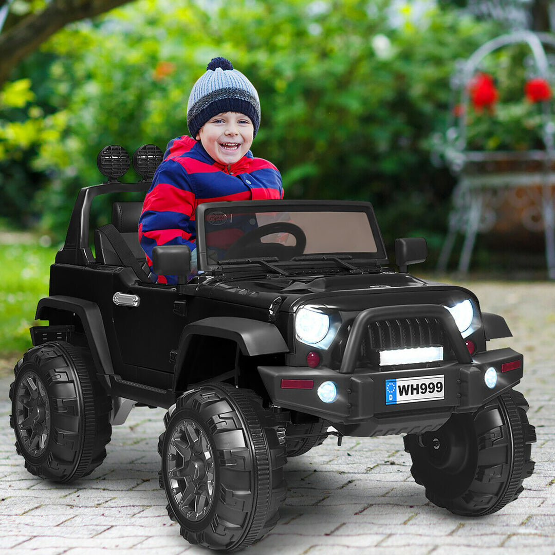 Costway 12V Kids Ride On Truck RC Car w/ LED Lights Music Trunk Black Image 3