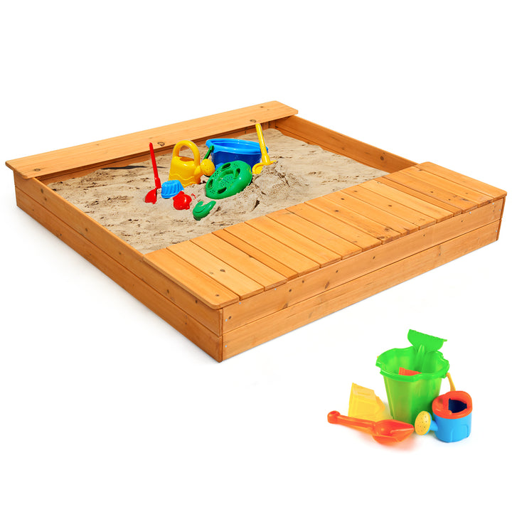 Kids Cedar Sandbox w/ Storage Boxes and Bench Seats Children Outdoor Playset Backyard Image 8