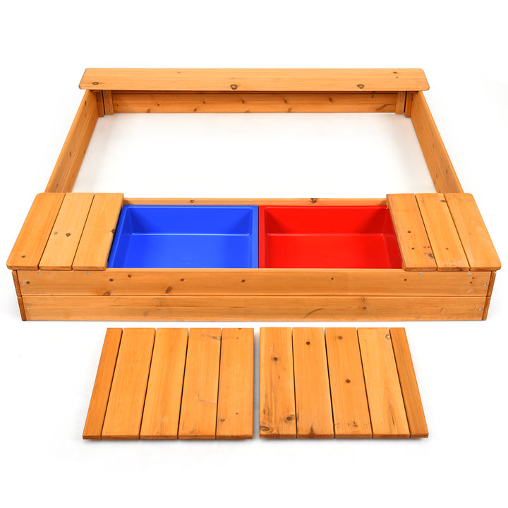 Kids Cedar Sandbox w/ Storage Boxes and Bench Seats Children Outdoor Playset Backyard Image 9