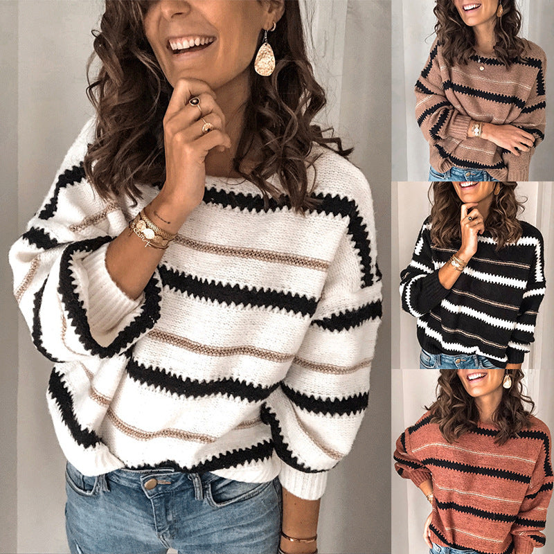 Plus Size Long Sleeve Crew Neck Striped Printed Casual Sweater Image 1