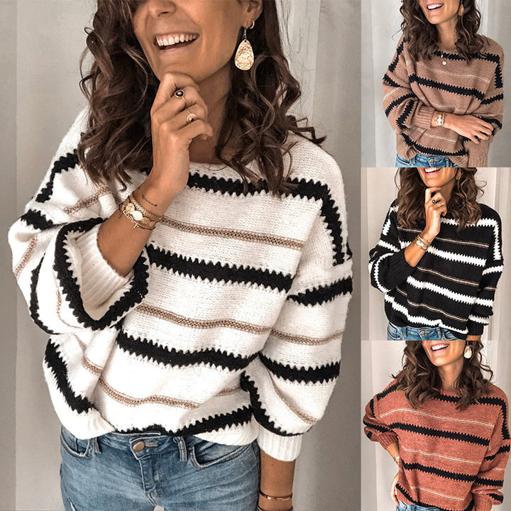 Plus Size Long Sleeve Crew Neck Striped Printed Casual Sweater Image 1