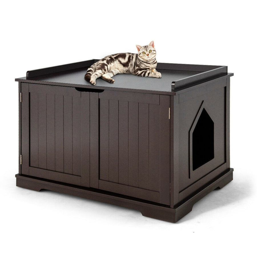 Cat Litter Box Wooden Enclosure Pet House Sidetable Washroom Storage Bench Brown Image 1