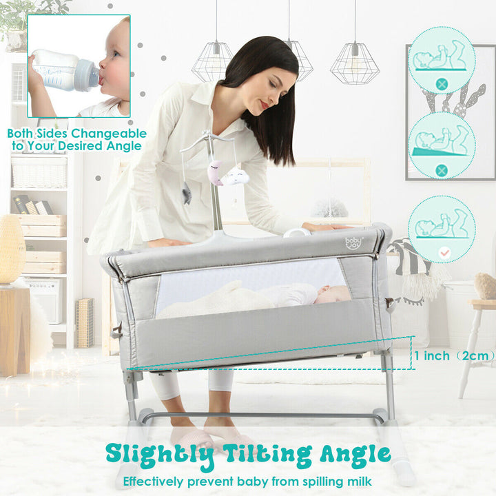 Gymax Portable Baby Bed Side Crib Height Adjustable W/ Music Box and Toys Light Grey Image 4