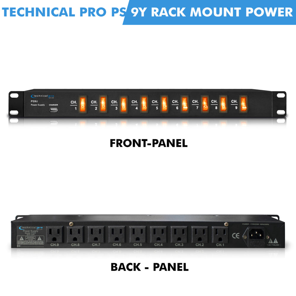 Technical Pro Rack Mount Power Strip with USB Charging 9 Switches 1800 Watts Image 2