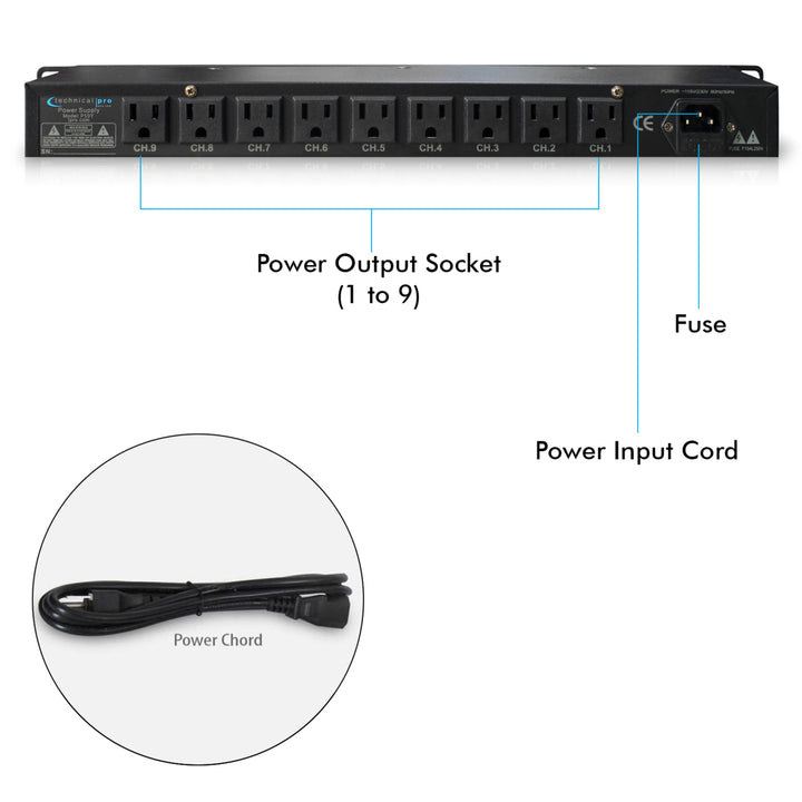 Technical Pro Rack Mount Power Strip with USB Charging 9 Switches 1800 Watts Image 4