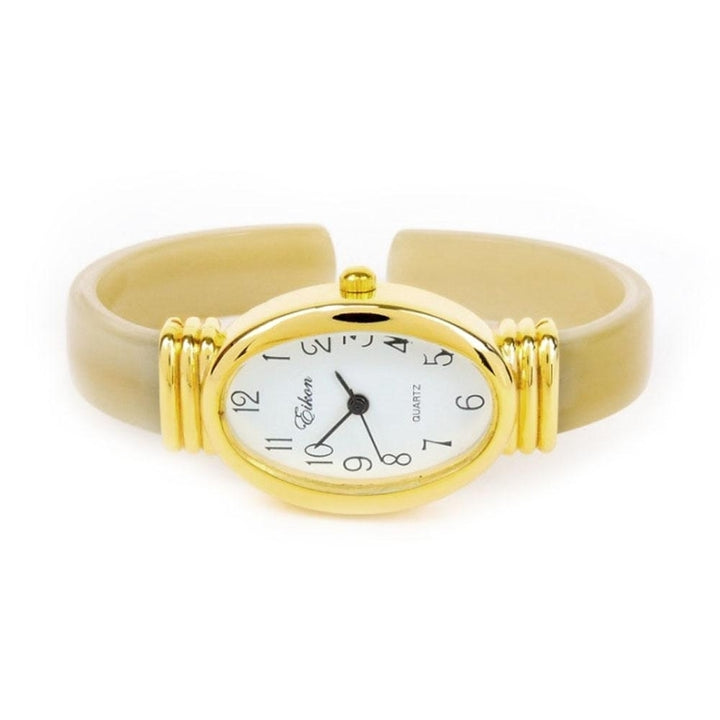 Horn Gold Acrylic Band Oval Face Womens Eikon Bangle Cuff WATCH Image 4