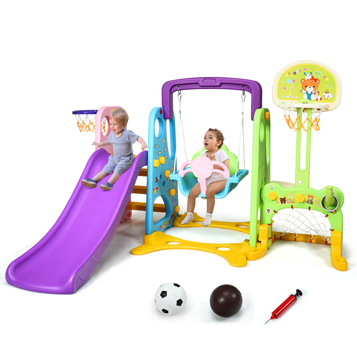 6 In 1 Toddler Climber and Swing Set w/ Basketball Hoop and Football Gate Backyard Image 4