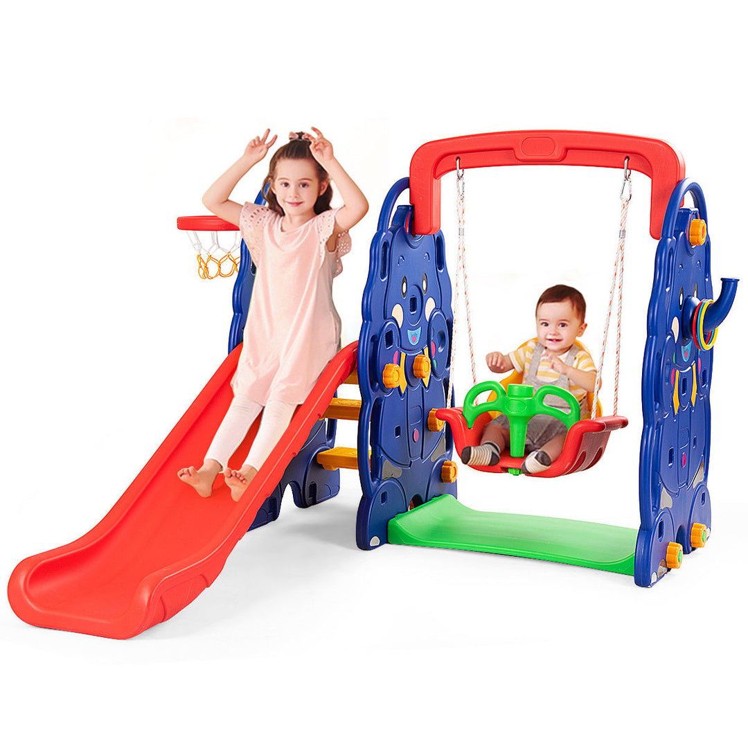 3 in 1 Junior Children Climber Slide Swing Seat Basketball Hoop Playset Backyard Image 1