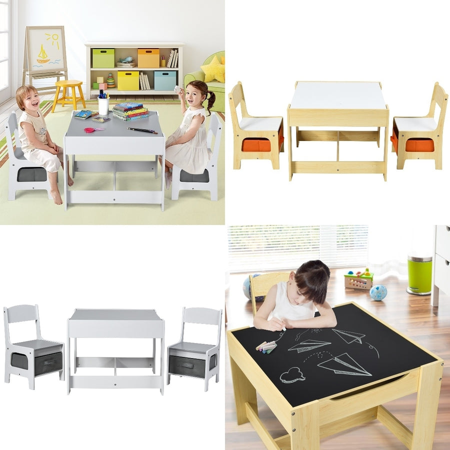 Costway Kids Table Chairs Set With Storage Boxes Blackboard Whiteboard Drawing GreyNature Image 1