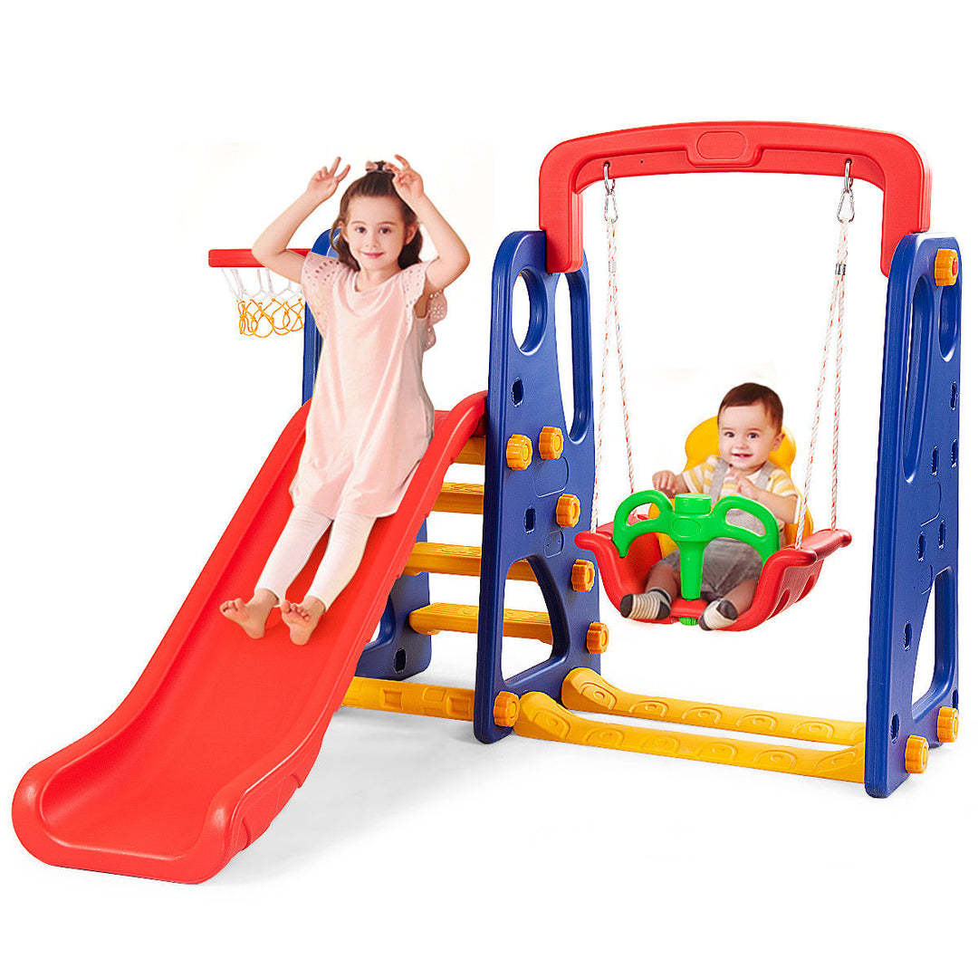 3 in 1 Junior Children Climber Slide Swing Seat Basketball Hoop Playset Image 1