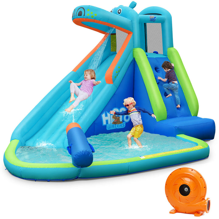 Inflatable Kids Hippo Bounce House Slide Climbing Wall Splash Pool w/740W Blower Image 1