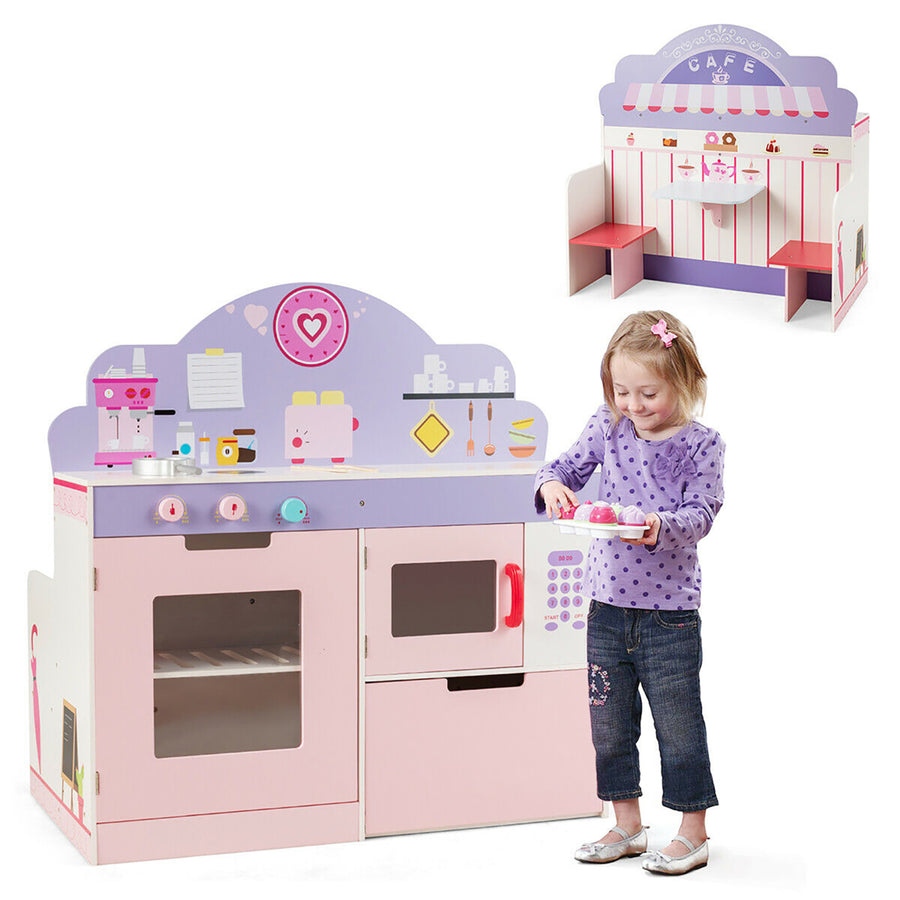 2 in 1 Kids Play Kitchen & Cafe Restaurant Wooden Pretend Cooking Playset Toy Image 1