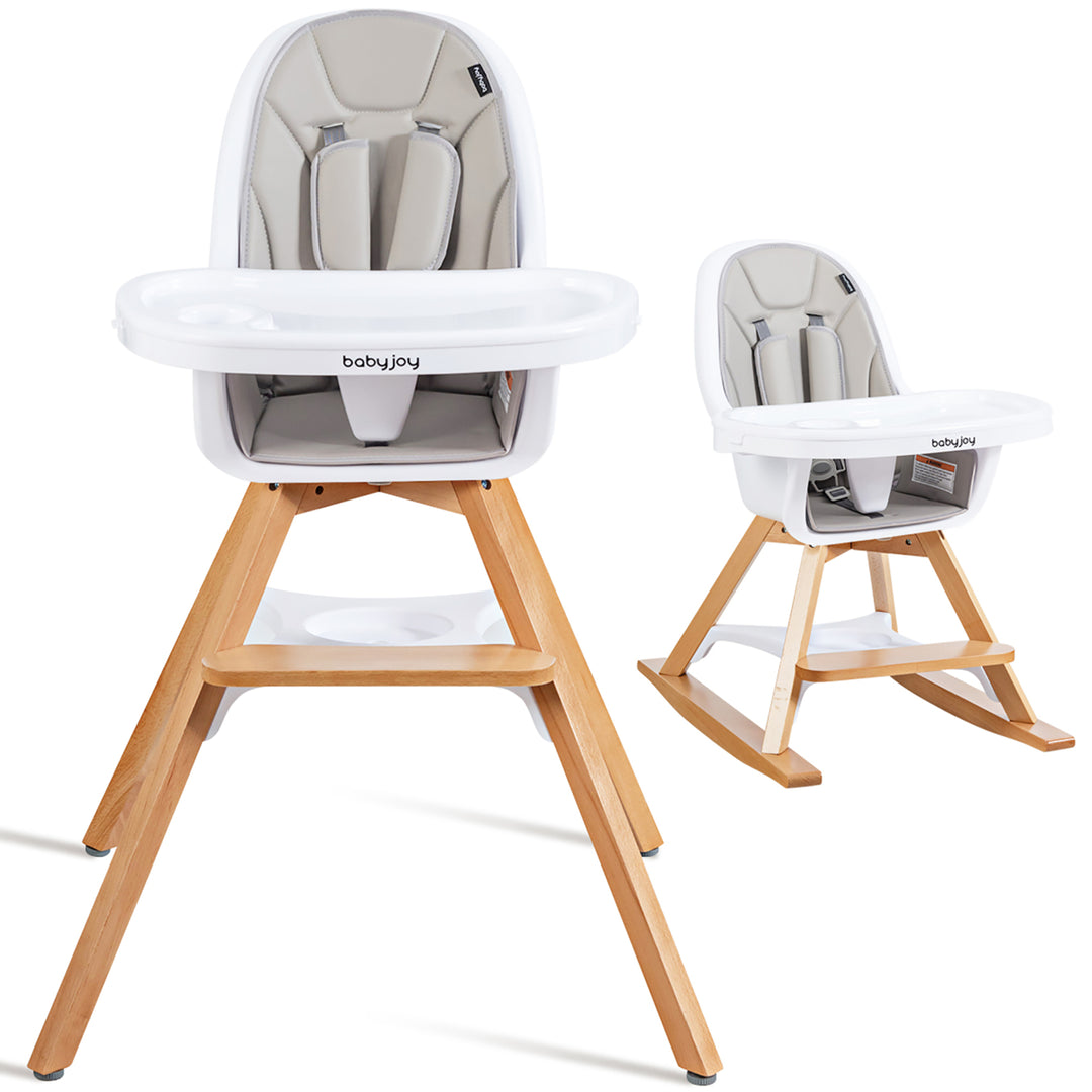 3-in-1 Convertible Wooden Baby High Chair w/ Tray Adjustable Legs Cushion Gray\ Beige Image 1