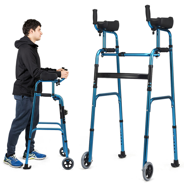 Costway Folding Wheel Walking Frame Adjustable Alloy Walker W/Armrest Support Image 1