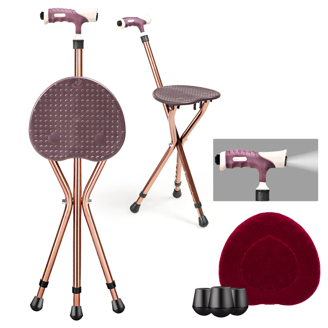 Lightweight Adjustable Folding Cane Seat Aluminum Alloy Crutch Chair With Light Image 1