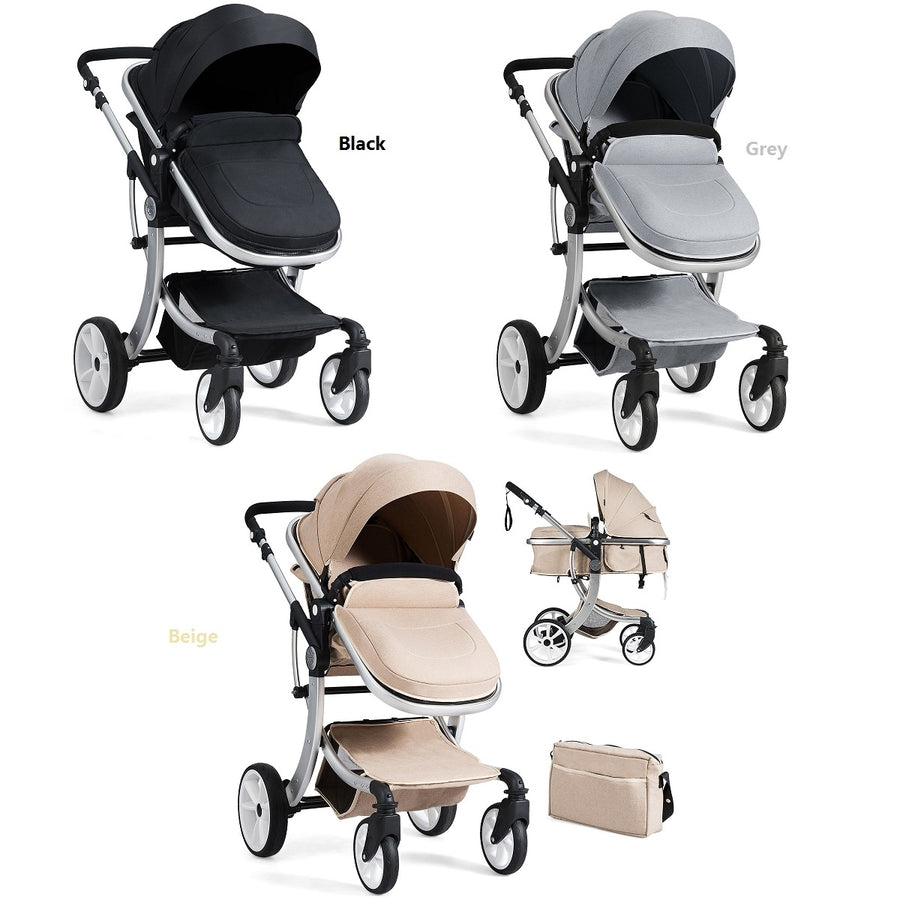 Folding Aluminum Infant Bassinet Reversible Baby Stroller W/ Diaper Bag BeigeBlackGrey Image 1