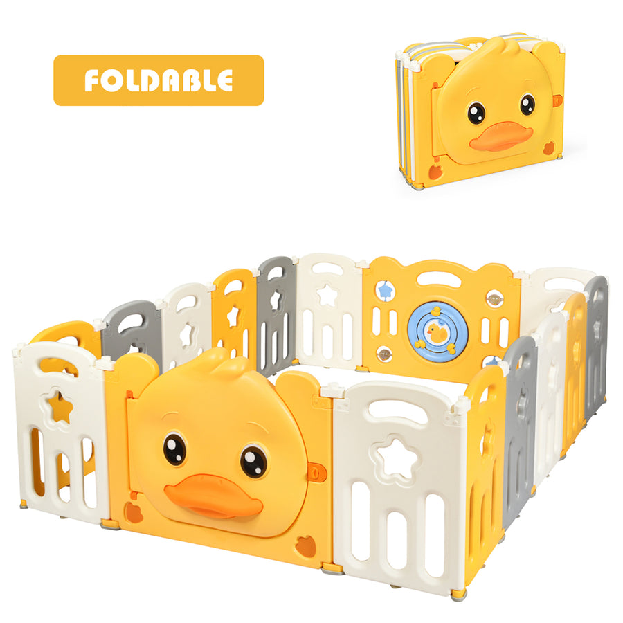 16-Panel Foldable Unisex Baby Playpen Kids Yellow Duck Yard Activity Center w/ Sound Image 1