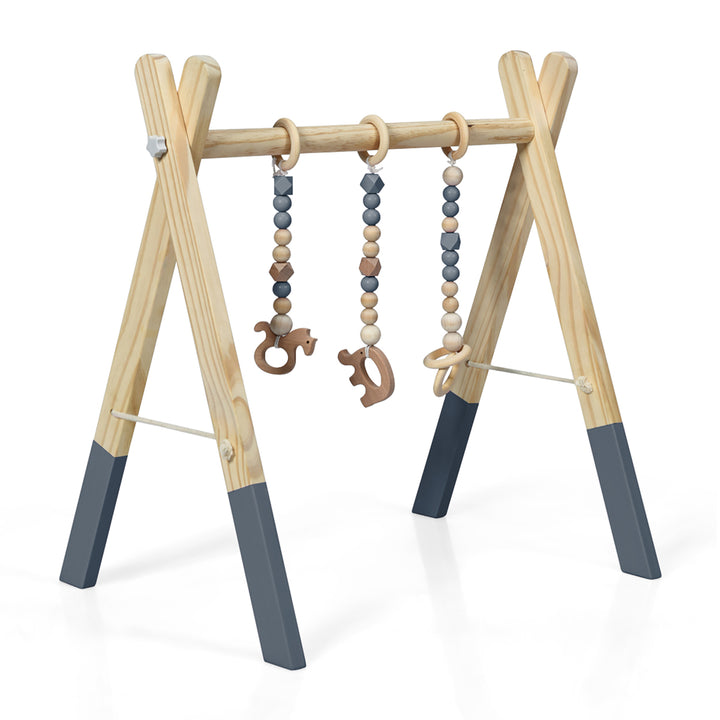 Foldable Wooden Baby Gym with 3 Wooden Baby Teething Toys Hanging Bar Gray Image 1