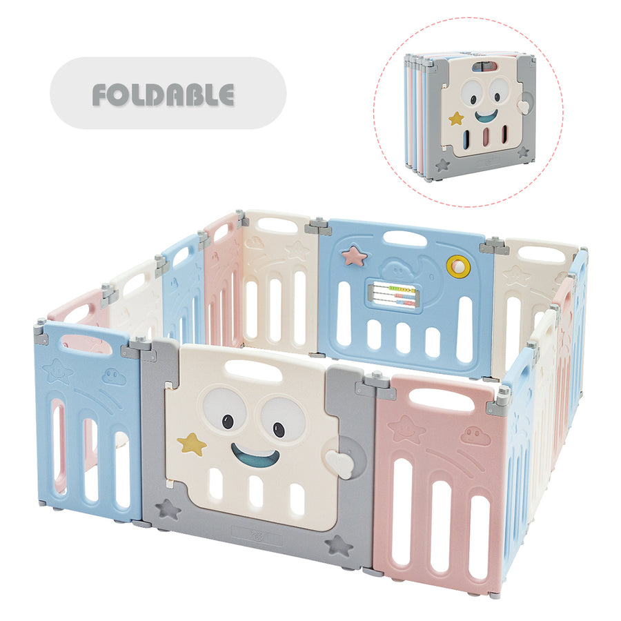 14-Panel Foldable Baby Playpen Kids Activity Centre Lock Door Rubber Bases Image 1