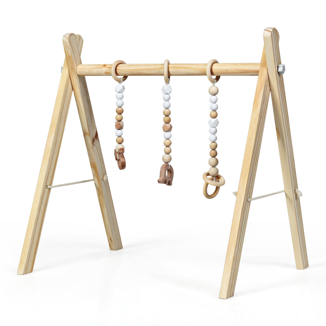 Foldable Wooden Baby Gym with 3 Wooden Baby Teething Toys Hanging Bar Natural Image 1