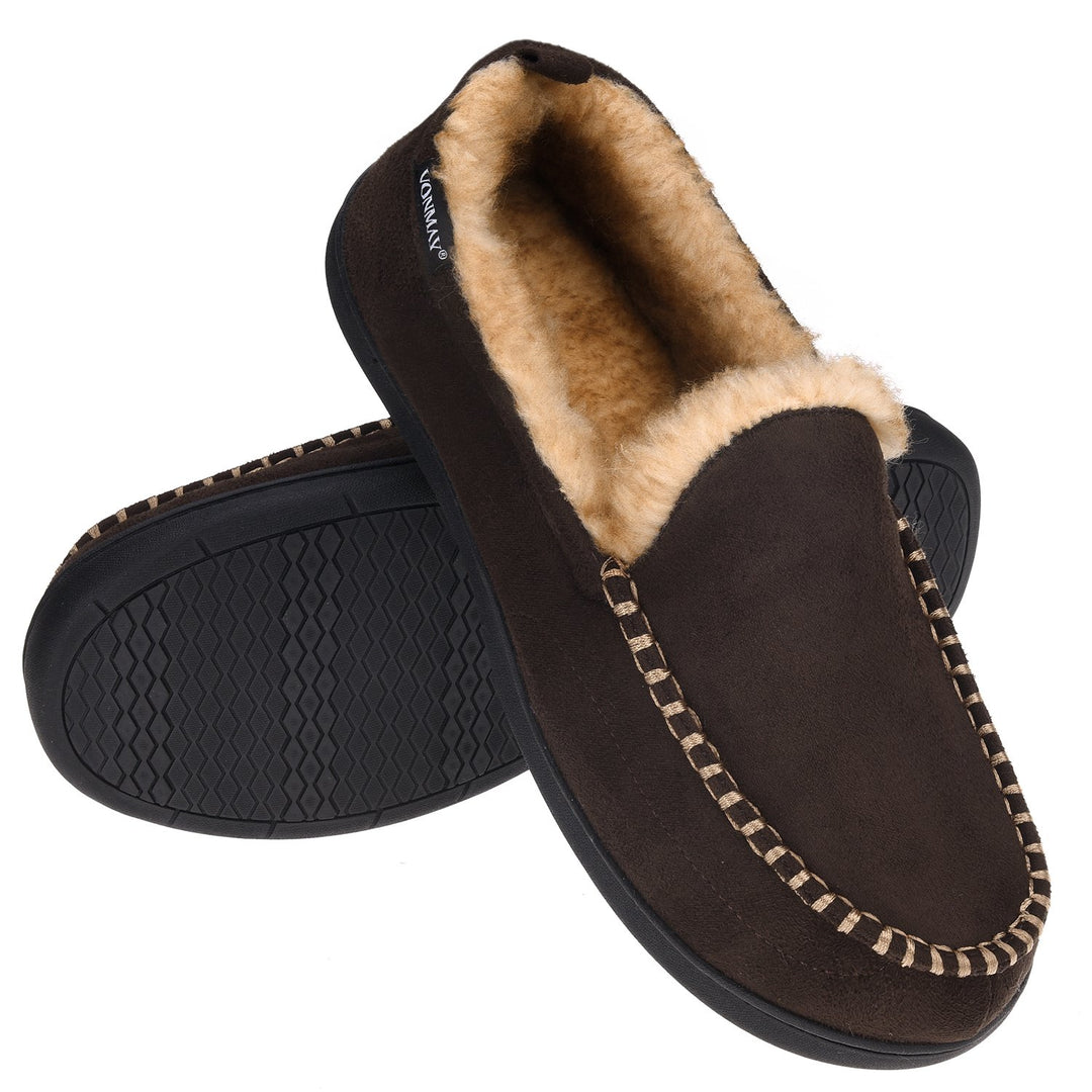 VONMAY Mens Moccasin Slippers Warm Faux faux Memory Foam Indoor Outdoor Non-Slip Image 1