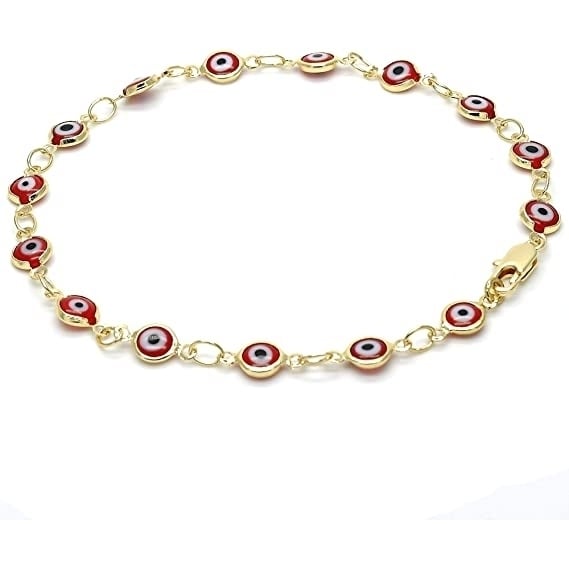 18K Womens Gold Filled High Polish Finsh Red Evil Eye Clasp Bracelet 7.5 Inch Image 1