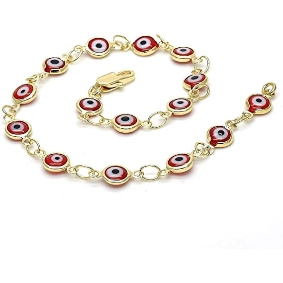 18K Womens Gold Filled High Polish Finsh Red Evil Eye Clasp Bracelet 7.5 Inch Image 2