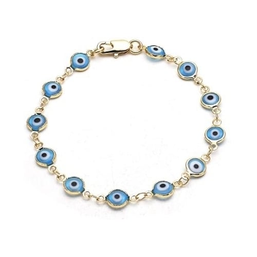 18K Womens Gold Filled High Polish Finsh Light Blue Evil Eye Clasp Bracelet 7.5 Inch Image 1