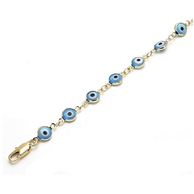 18K Womens Gold Filled High Polish Finsh Light Blue Evil Eye Clasp Bracelet 7.5 Inch Image 2